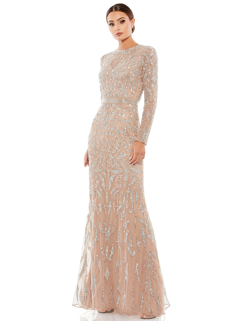 Beaded Long Sleeve Evening Gown