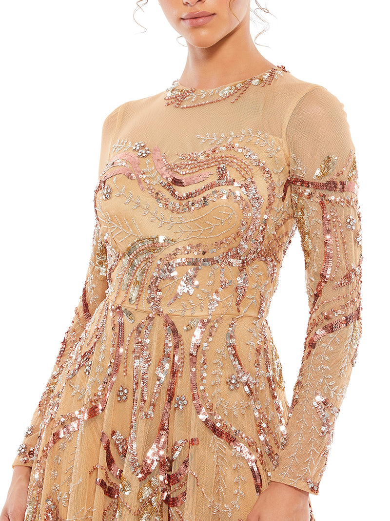 Long Sleeve Embellished Illusion Evening Gown