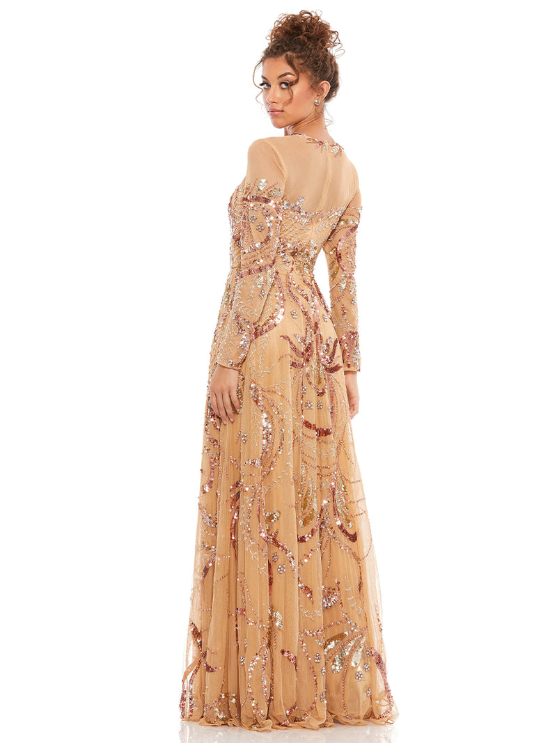 Long Sleeve Embellished Illusion Evening Gown