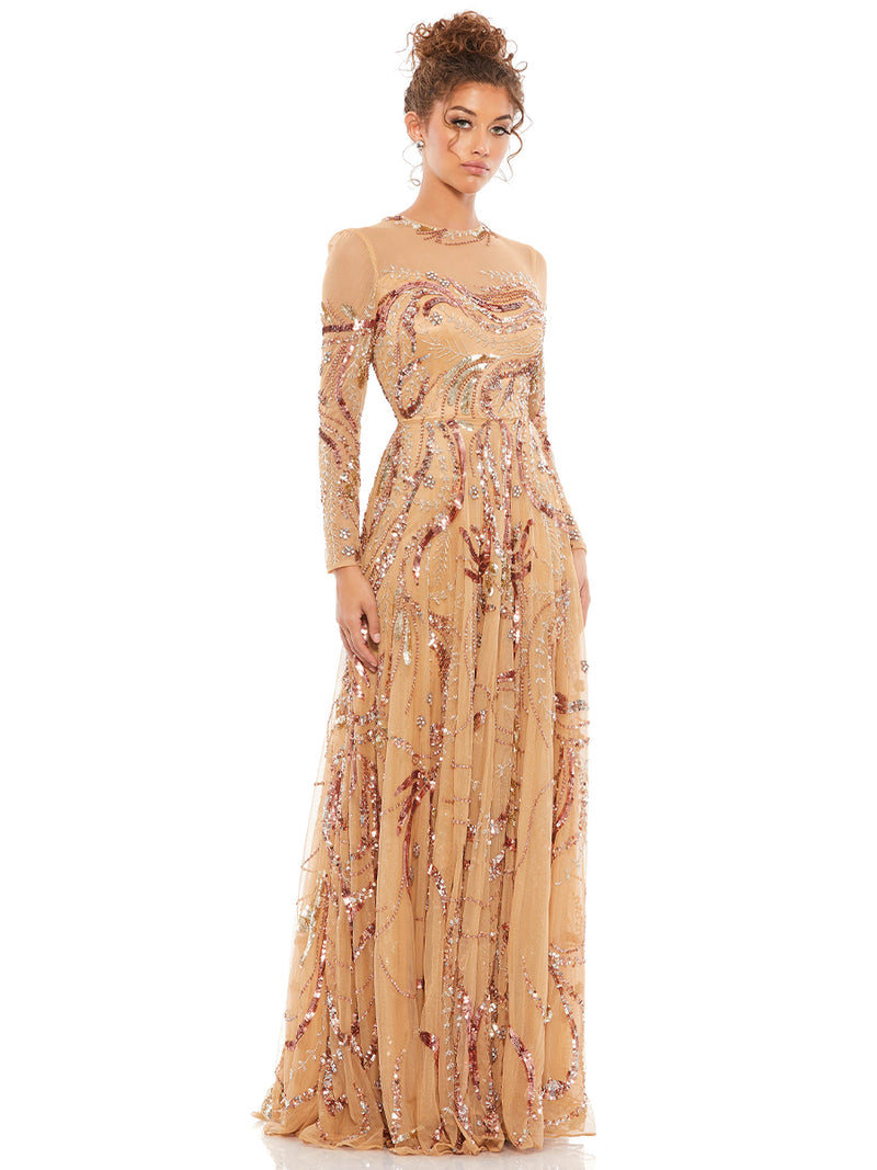 Long Sleeve Embellished Illusion Evening Gown