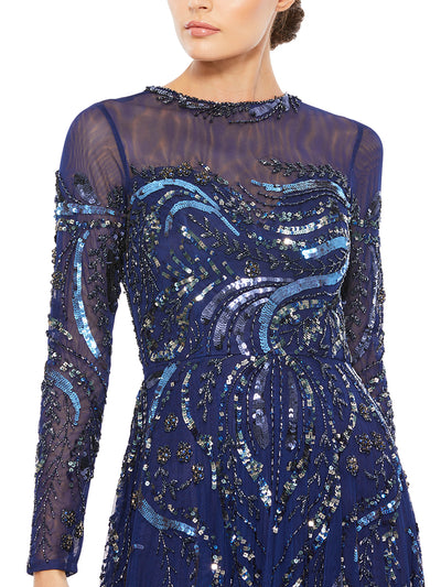 Long Sleeve Embellished Illusion Evening Gown