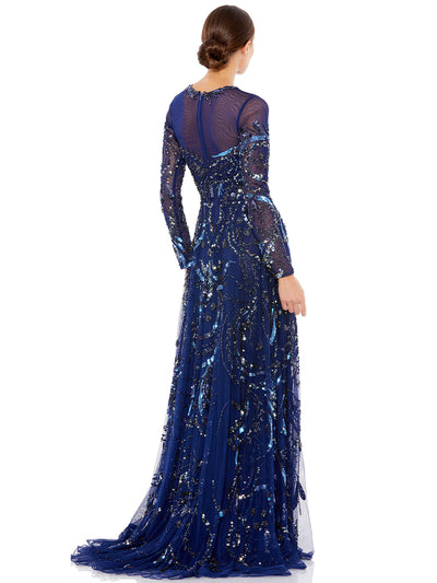 Long Sleeve Embellished Illusion Evening Gown