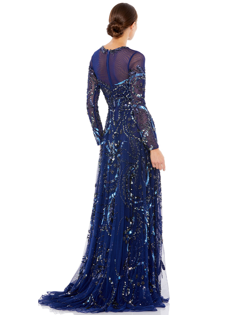 Long Sleeve Embellished Illusion Evening Gown