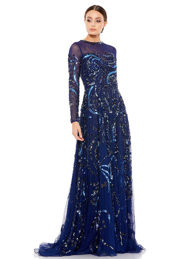 Long Sleeve Embellished Illusion Evening Gown