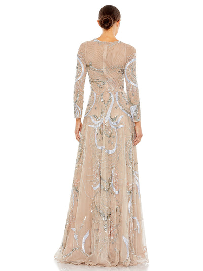 Long Sleeve Embellished Illusion Evening Gown