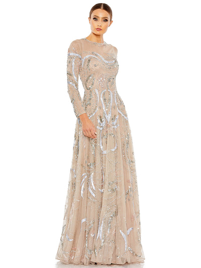 Long Sleeve Embellished Illusion Evening Gown