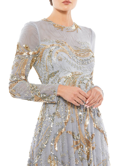 Long Sleeve Embellished Illusion Evening Gown