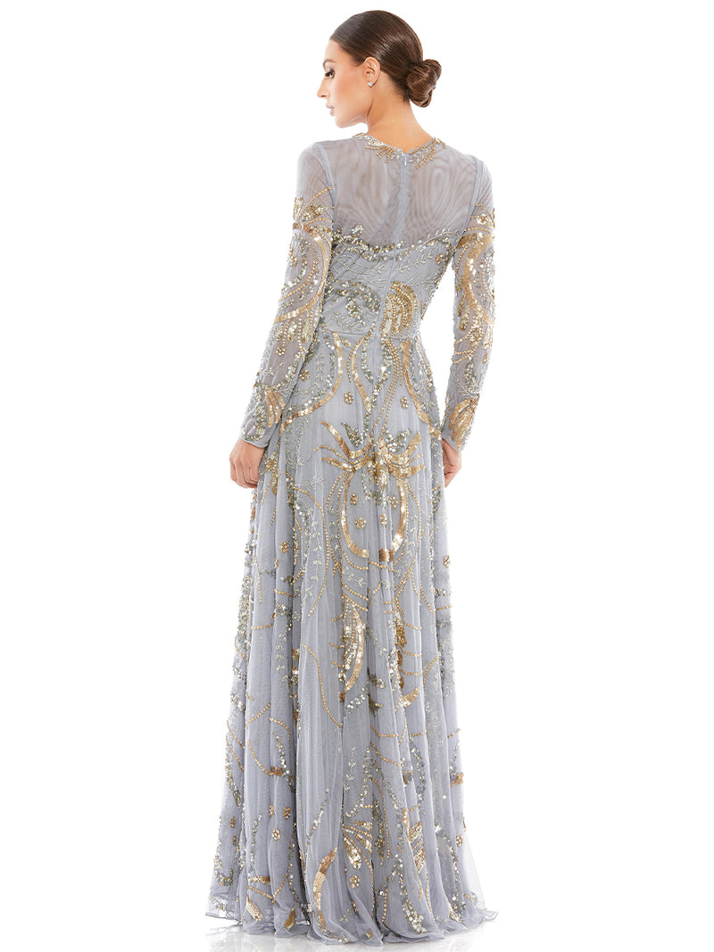 Long Sleeve Embellished Illusion Evening Gown