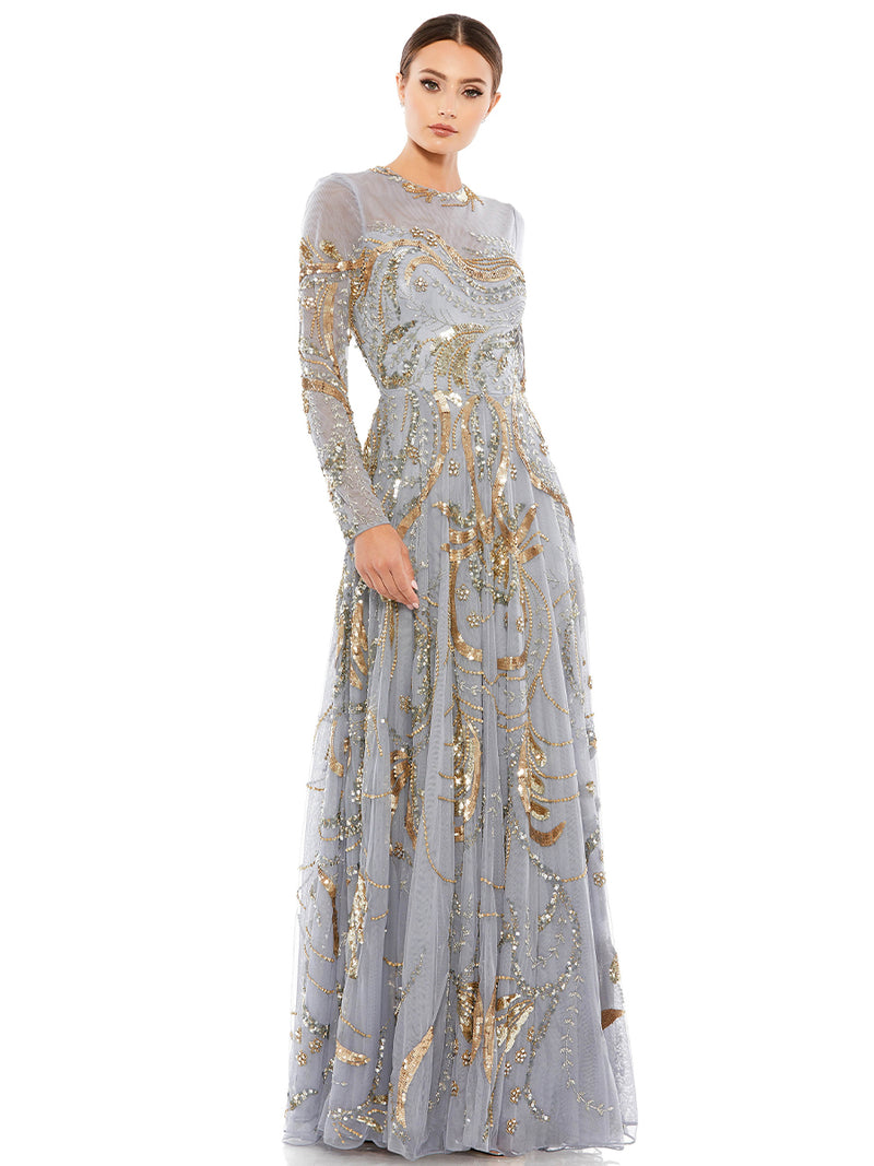 Long Sleeve Embellished Illusion Evening Gown