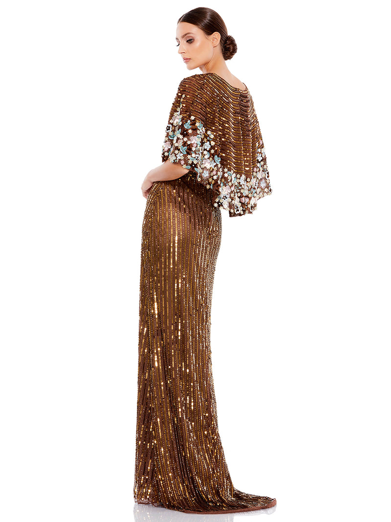 Sequined V Neck Floral Embellished Cape Sleeve Gown