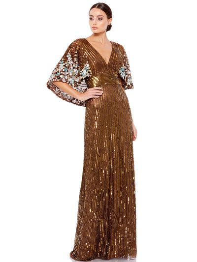 Sequined V Neck Floral Embellished Cape Sleeve Gown