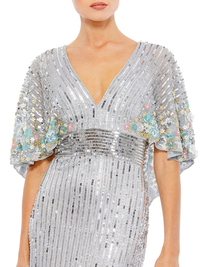 Sequined V Neck Floral Embellished Cape Sleeve Gown