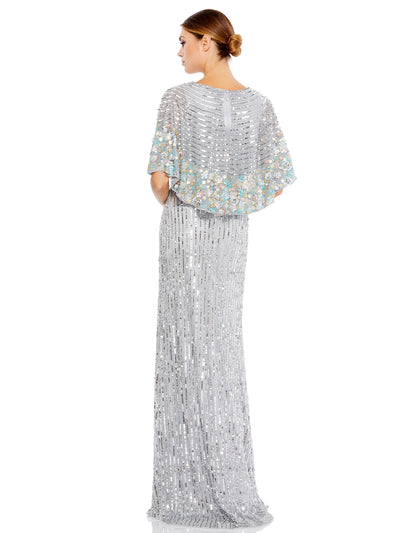 Sequined V Neck Floral Embellished Cape Sleeve Gown