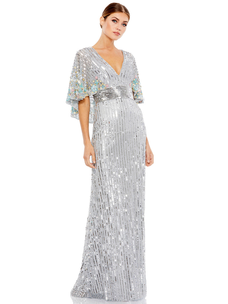 Sequined V Neck Floral Embellished Cape Sleeve Gown