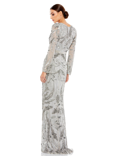 Sequined Faux Wrap Split Long Sleeve Gown