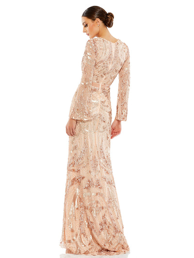 Sequined Faux Wrap Split Long Sleeve Gown