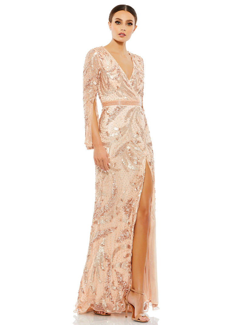 Sequined Faux Wrap Split Long Sleeve Gown