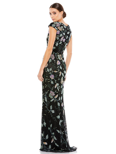 Floral Beaded Cap Sleeve Evening Gown