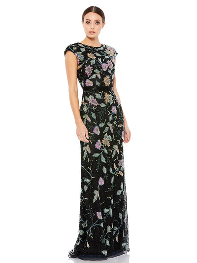 Floral Beaded Cap Sleeve Evening Gown