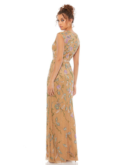 Floral Beaded Cap Sleeve Evening Gown