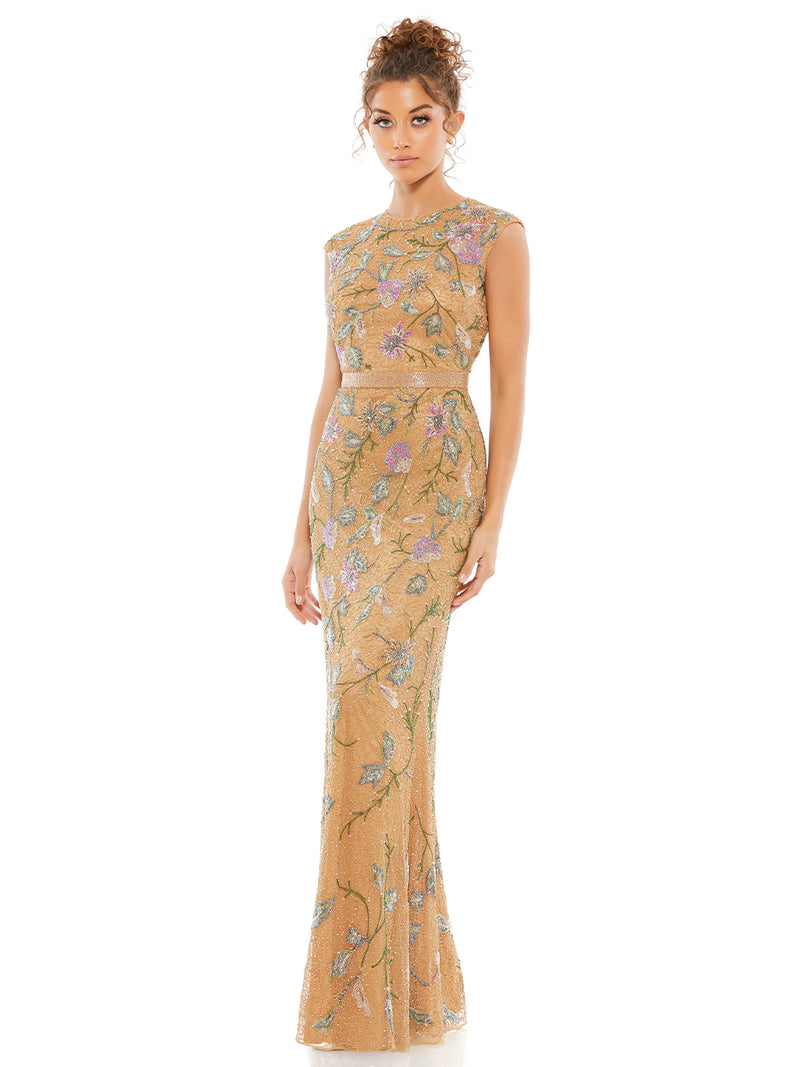 Floral Beaded Cap Sleeve Evening Gown