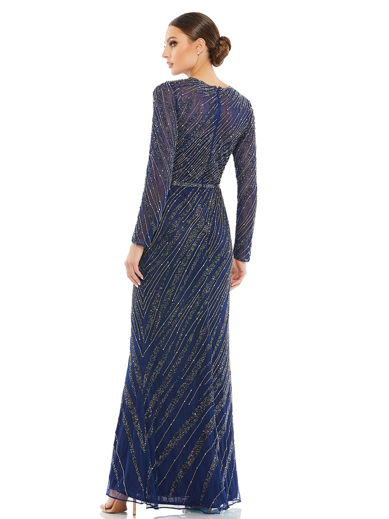 Long Sleeve Beaded Column Gown