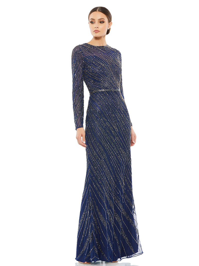 Long Sleeve Beaded Column Gown