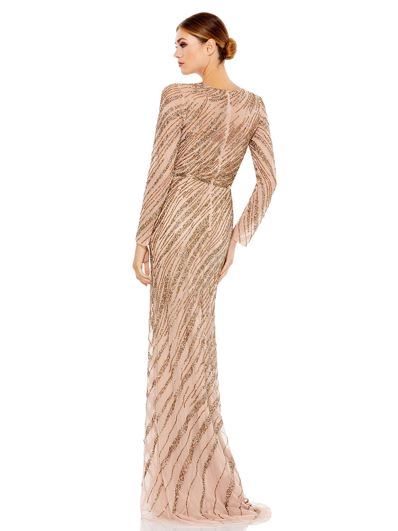 Long Sleeve Beaded Column Gown