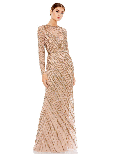 Long Sleeve Beaded Column Gown