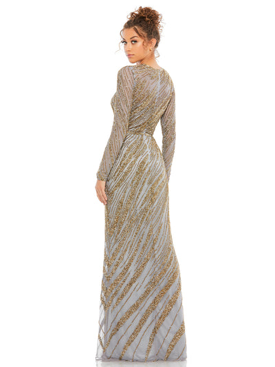 Long Sleeve Beaded Column Gown