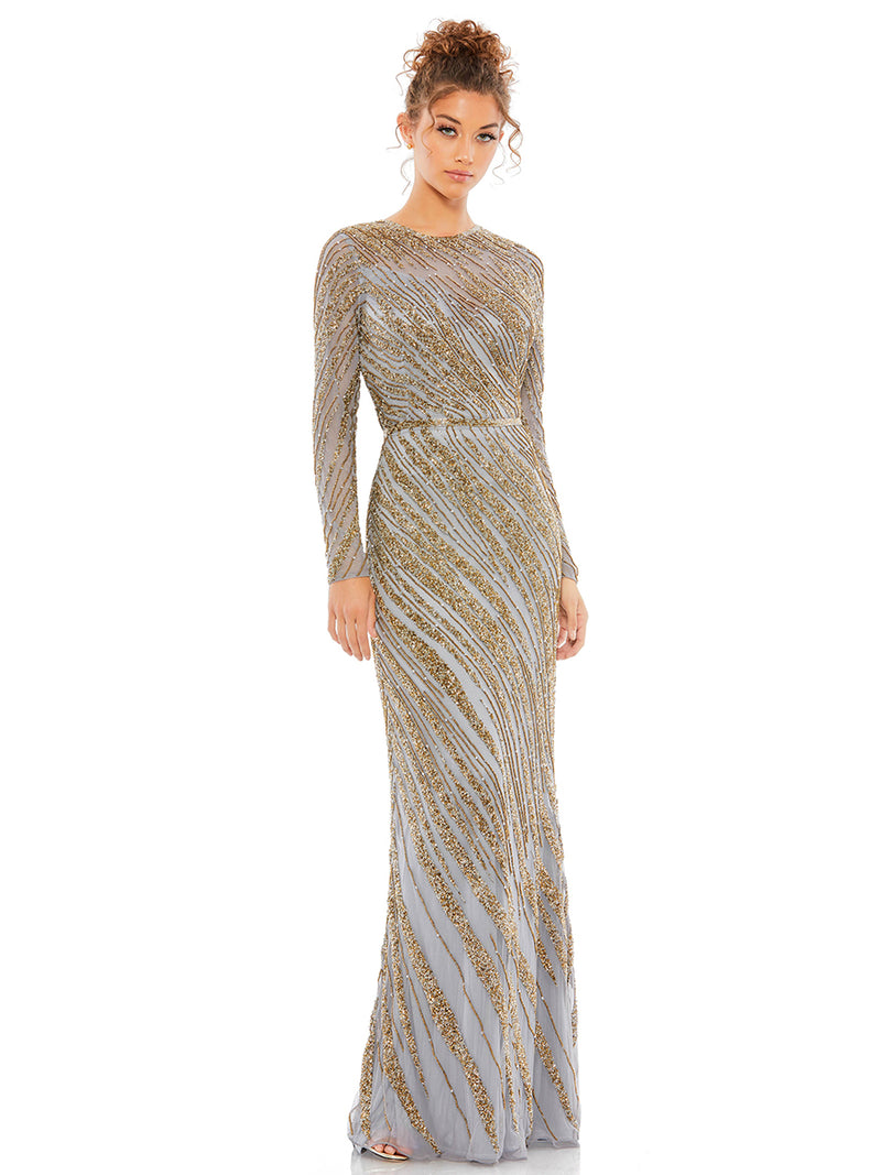 Long Sleeve Beaded Column Gown