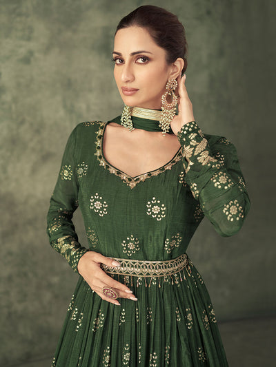 Mehendi Green Designer Pure Viscose Silk Jacquard Gown