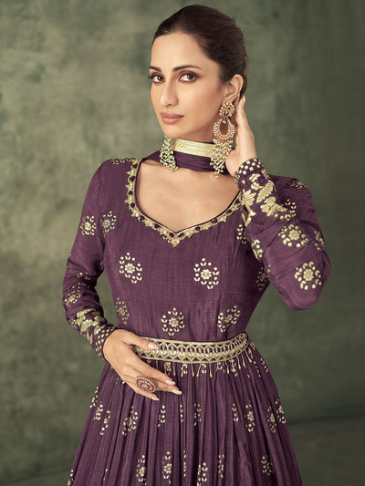 Faded Purple Designer Pure Viscose Silk Jacquard Gown