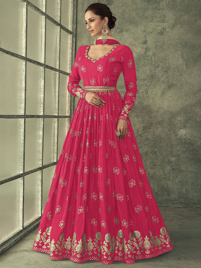 Deep Pink Designer Pure Viscose Silk Jacquard Gown