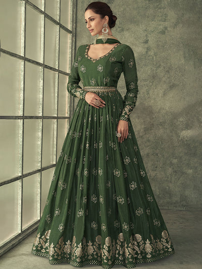 Mehendi Green Designer Pure Viscose Silk Jacquard Gown