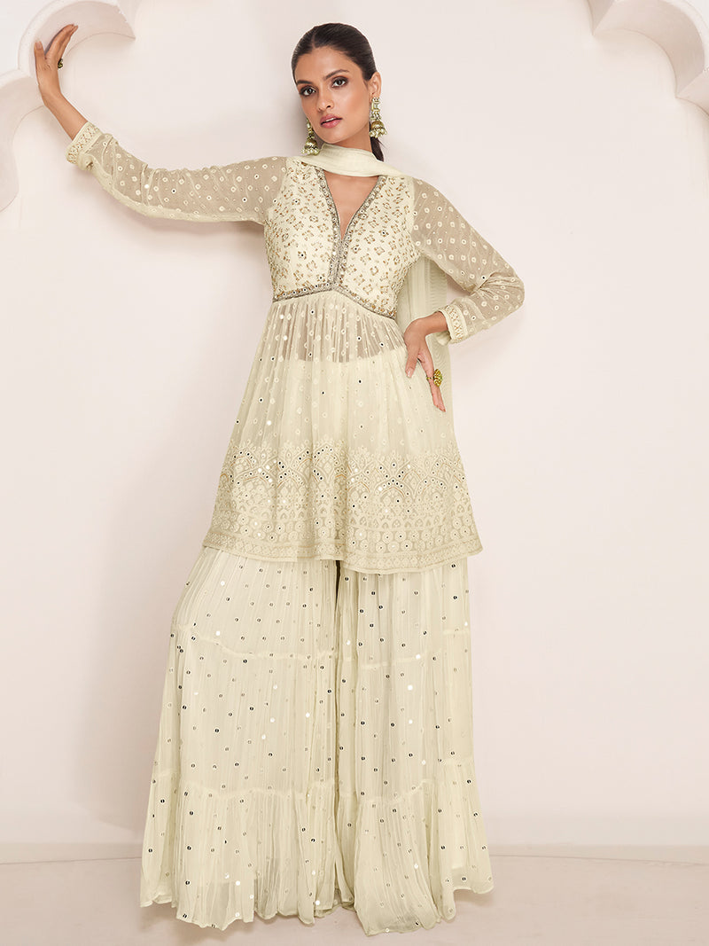 Cream Designer Georgette Suit with Embroidery Work