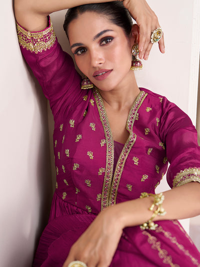 Purple Red Designer Nazneen Suit with Embroidery Work