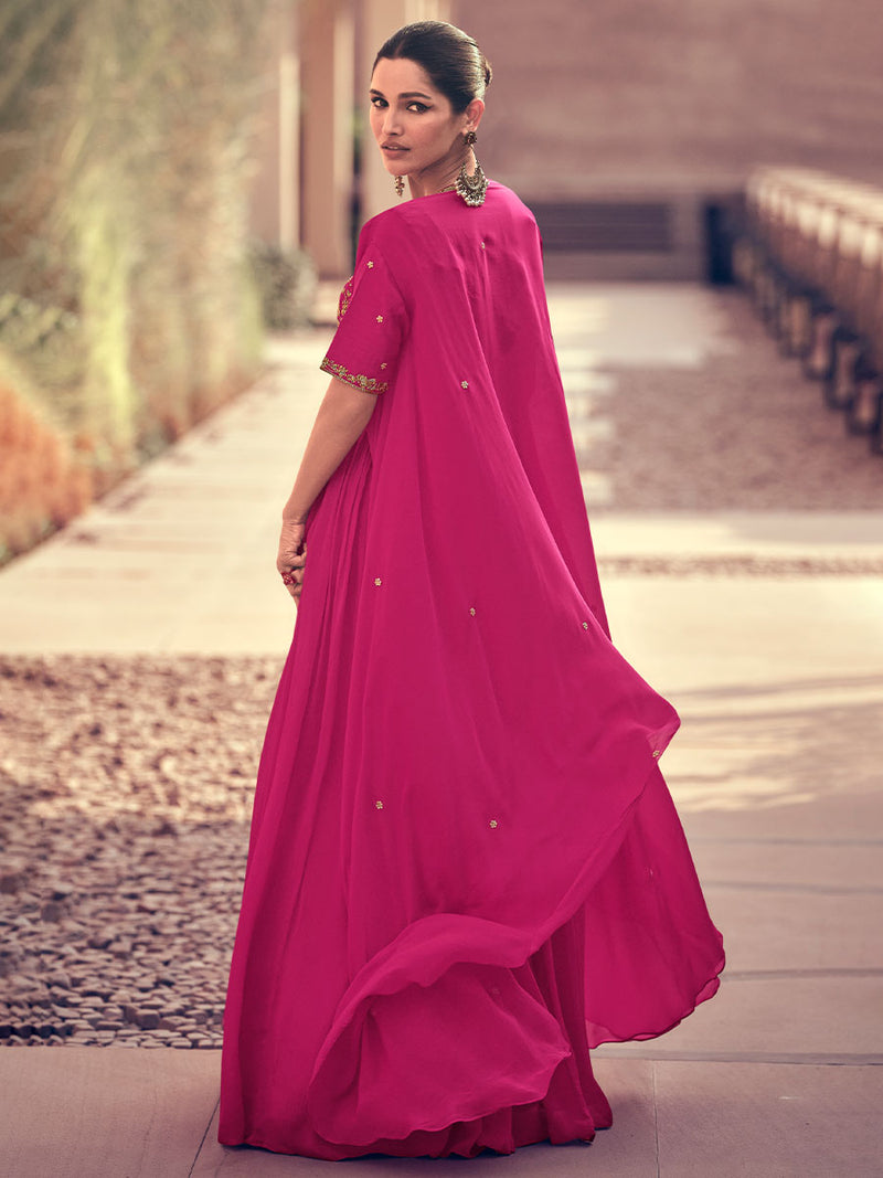 Pink Designer Chinon Silk Gown with Koti