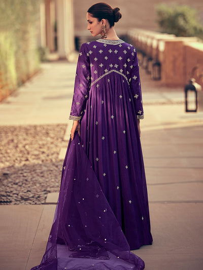 Purple Designer Chinon Silk Gown with Dupatta