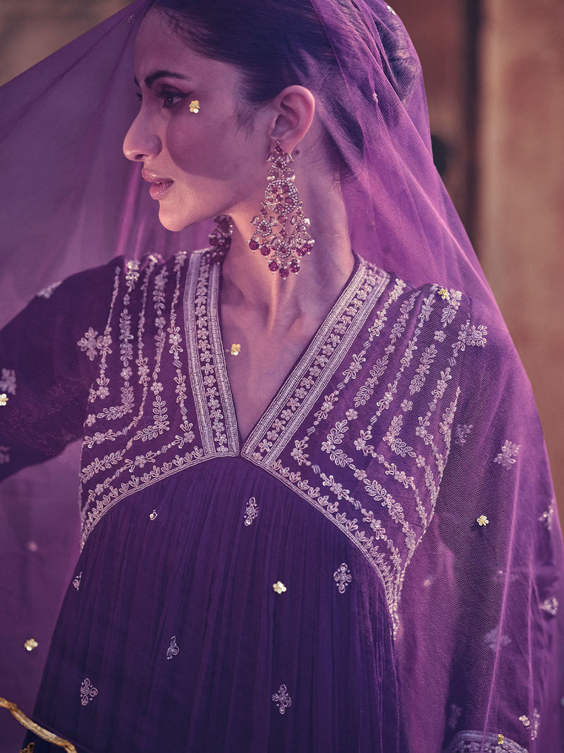 Purple Designer Chinon Silk Gown with Dupatta