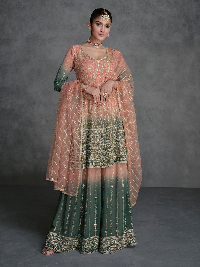 Peach and Pine Green Designer Georgette Salwar Suit