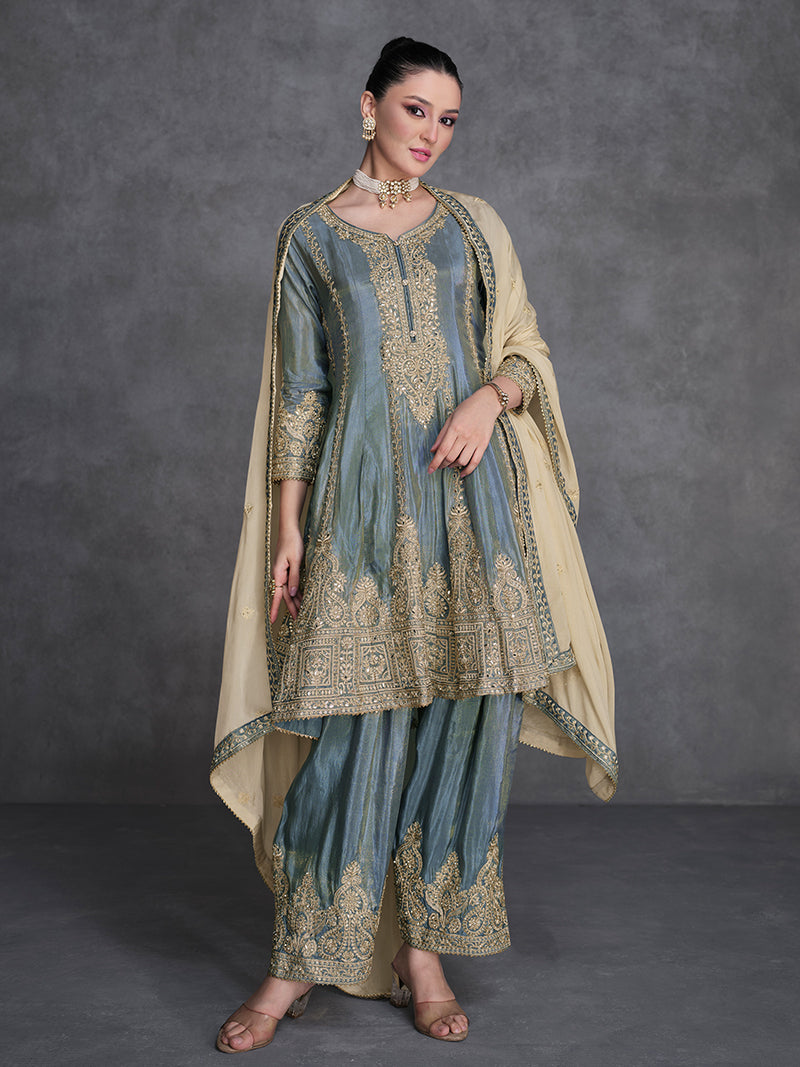 Slate Grey Designer Organza Silk Salwar Suit