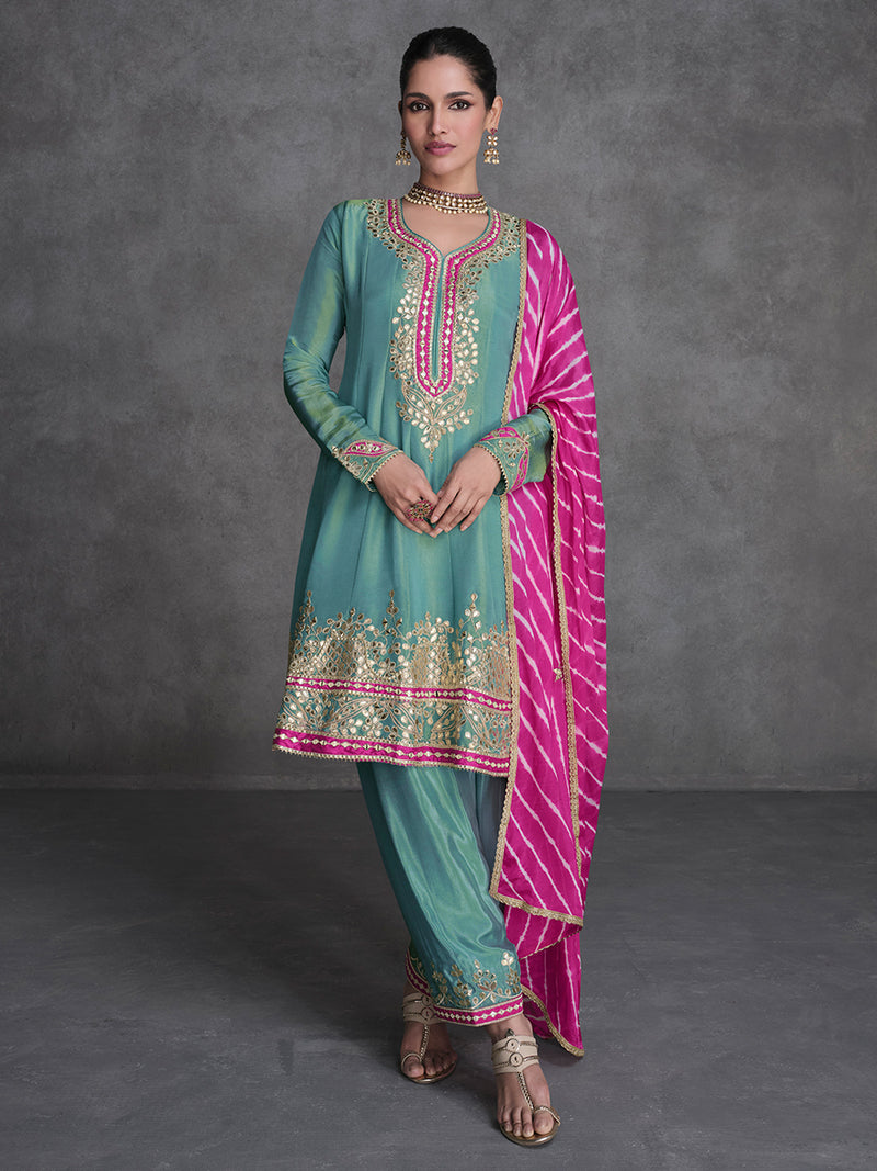 Turquoise Blue Designer Organza Silk Salwar Suit