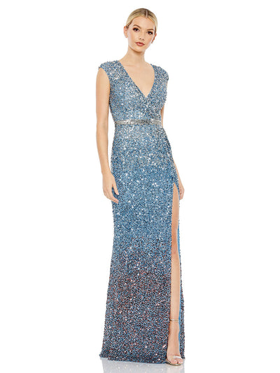 Cap Sleeve Sequined High Slit Gown