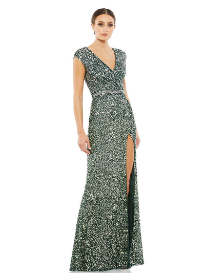 Cap Sleeve Sequined High Slit Gown