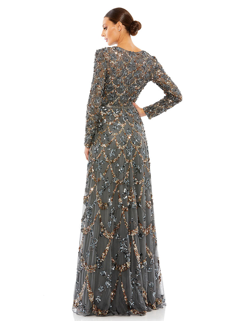 Embellished Illusion High Neck Long Sleeve A Line Gown