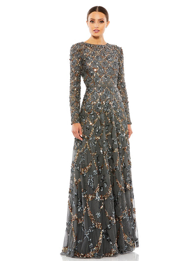 Embellished Illusion High Neck Long Sleeve A Line Gown