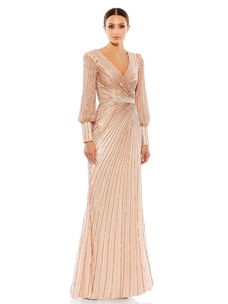 Sequined Wrap Over Bishop Sleeve Gown