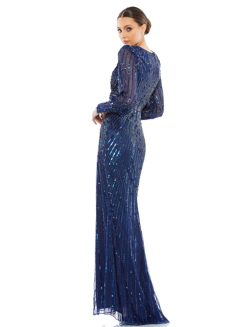 Sequined Wrap Over Bishop Sleeve Gown