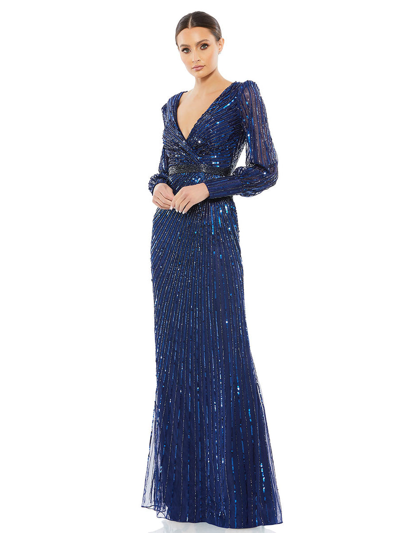 Sequined Wrap Over Bishop Sleeve Gown